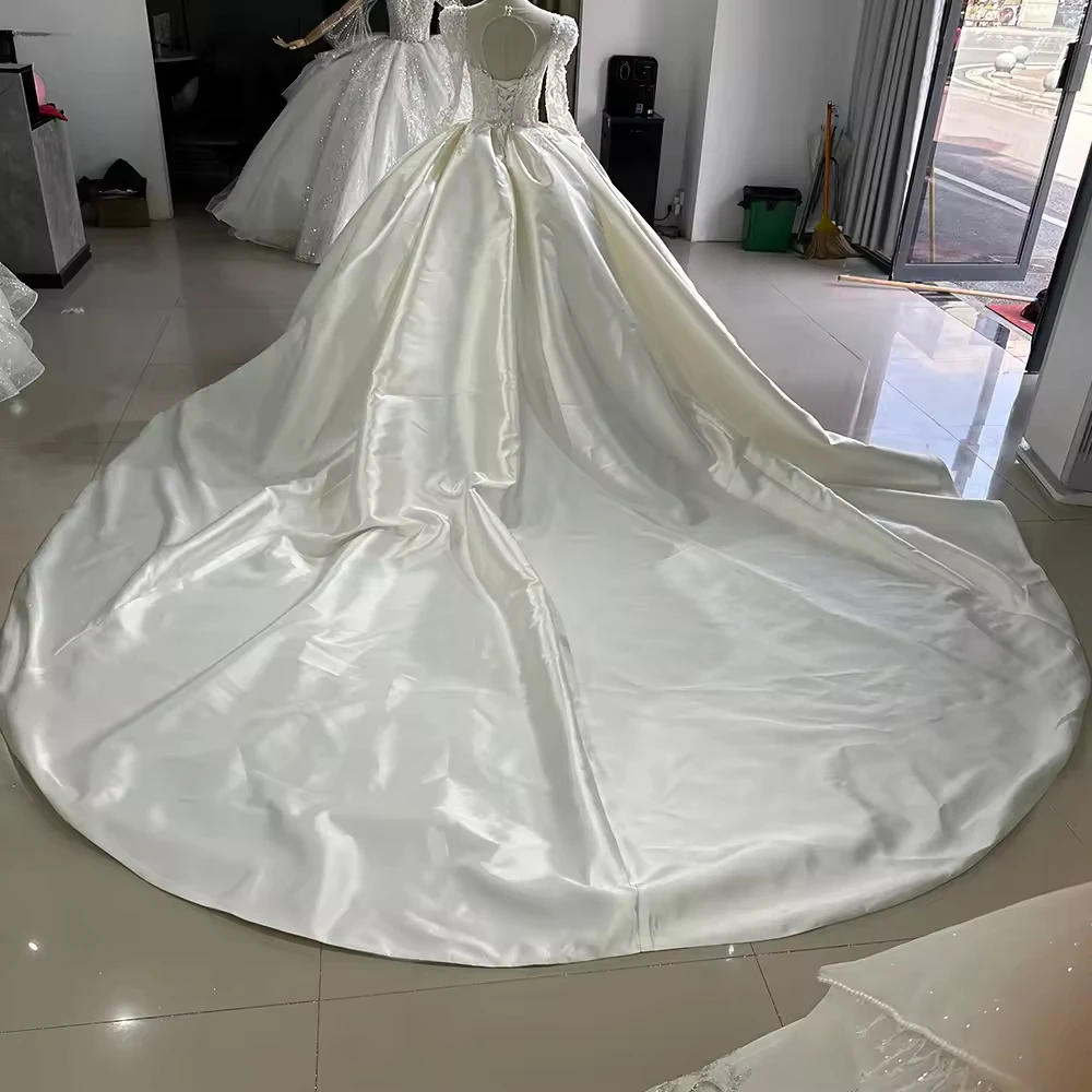 فستان mire عوVestido de novia de lujo con lentejuelas y cuello cuadrado, manga larga, con cordones y abertura en la cerradura en la espalda