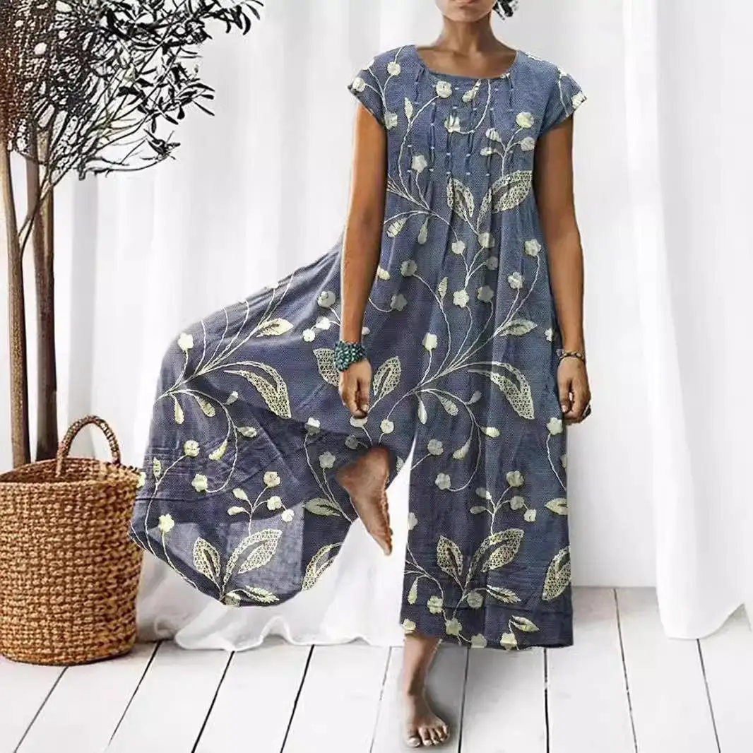 

Loose Casual Ele V-ne Digital Print Pleated Jumpsuit Long Pants Comfortable One-piece Suiting Low Waist Polyester