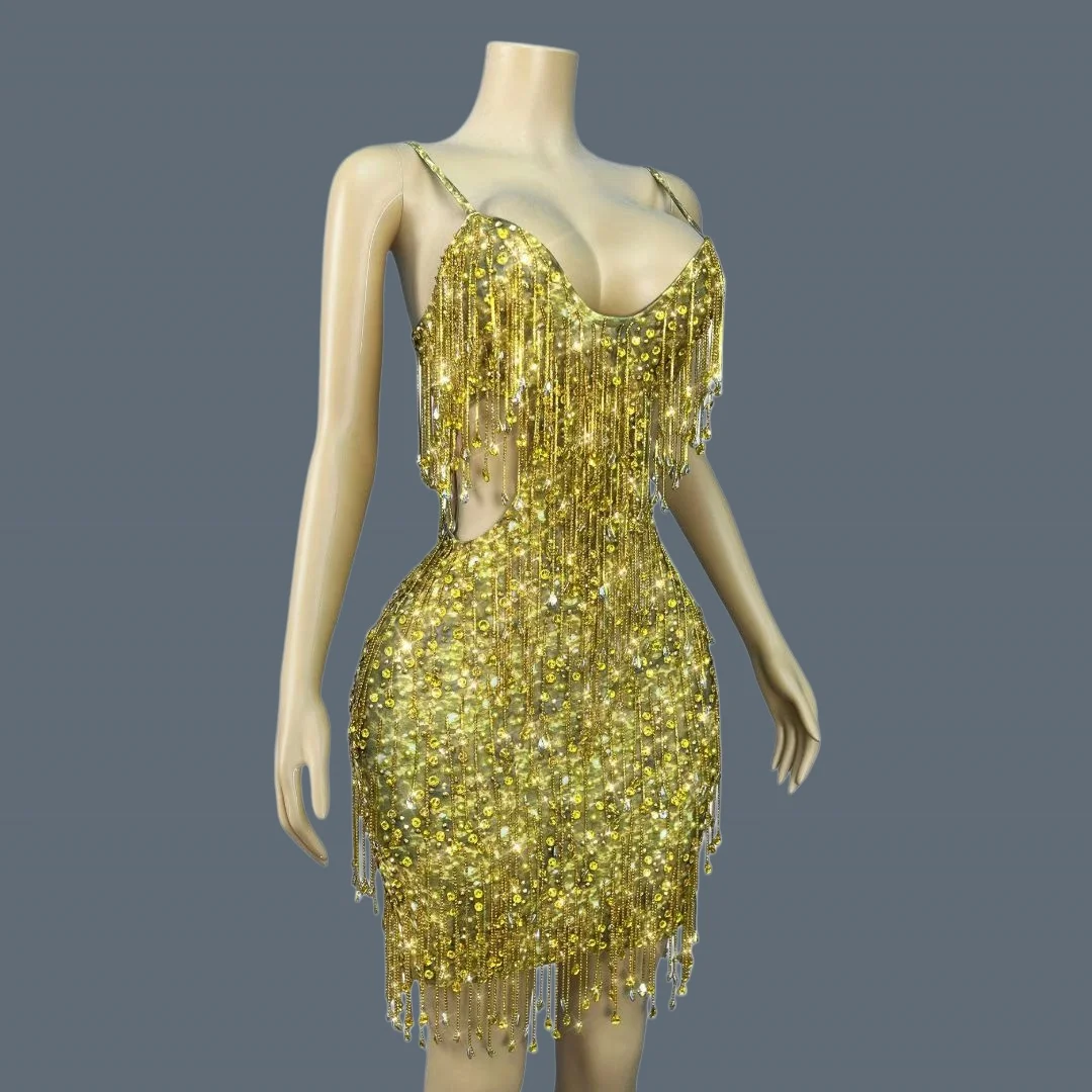 

Sparkly Crystals Gold Tassel Mini Dress Straps Deep V-Neck Cutout Sheer Mesh Formal Party Outfit Nightclub Show Huangjinkuang