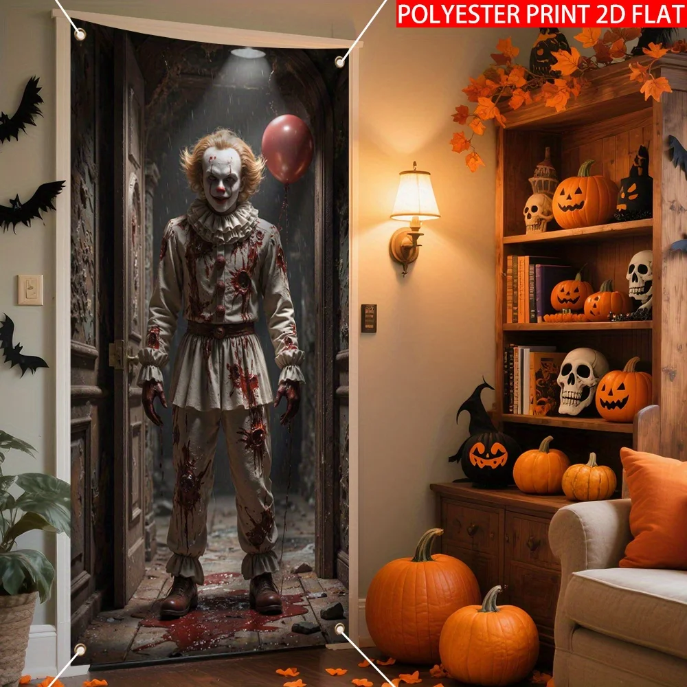 2D door curtain banner, 1 piece Halloween horror clown bloody wizard hat design front door wall window decoration view 4