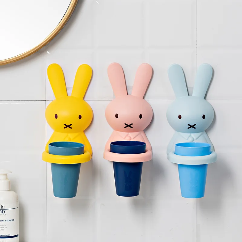 Creative Children\'s Toothbrush Cup Set, Toothbrush Rack, Cartoon Rabbit, No Installation, Teeth Holder