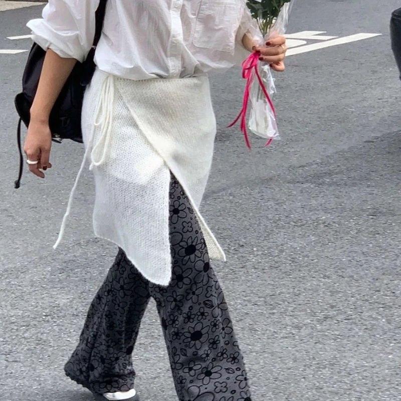 

Deeptown корейский стиль трикотажные юбки женские белые Y2k винтажная юбка-миди на шнуровке Harajuku модная однотонная уличная одежда длинные юбки