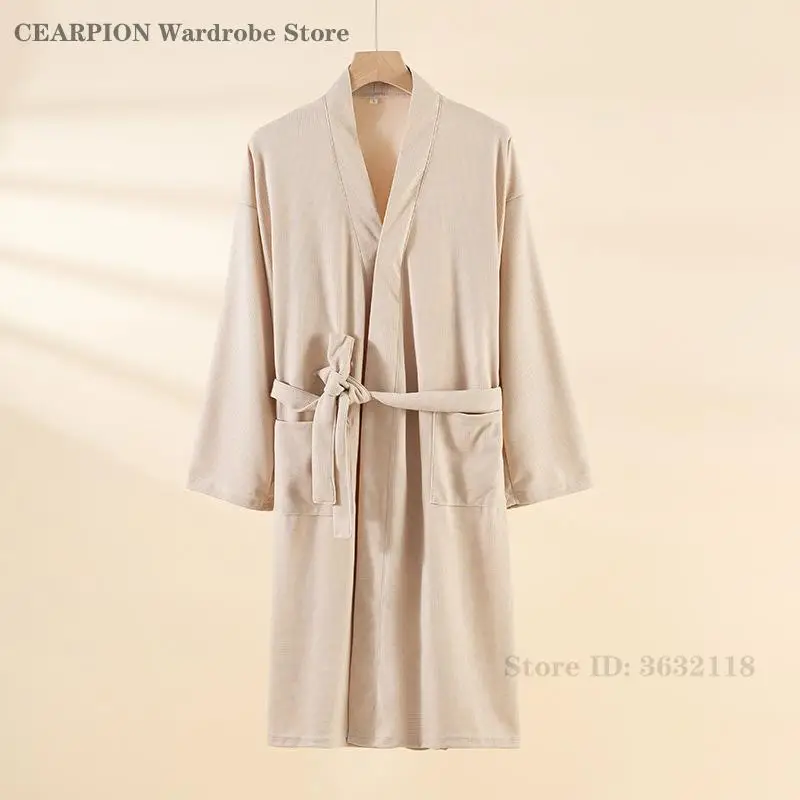 Spring Autumn New Robe Solid Color Couple Bathrobe Kimono Gown Waffle Casual Sleepwear Loose Nightgown Home Clothes Loungewear 5