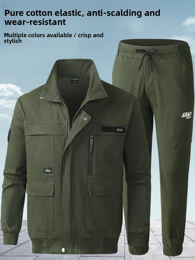 

Мужской рабочий костюм из чистого хлопка для весны и осени, камуфляжный, для защиты труда, сварочных работ, с множеством карманов, утилитарная одежда