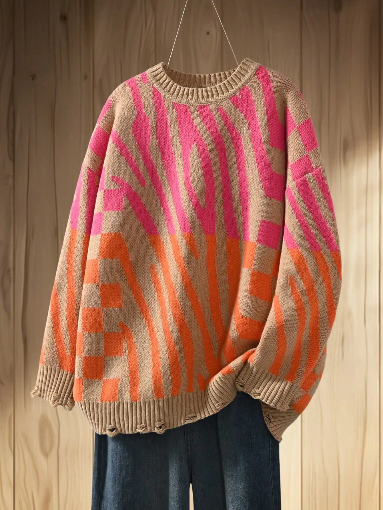 Plus Size Women Geometric Line Crew Neck Knit Sweater, Warm Pullover Knit Top for Autumn Winter view 3