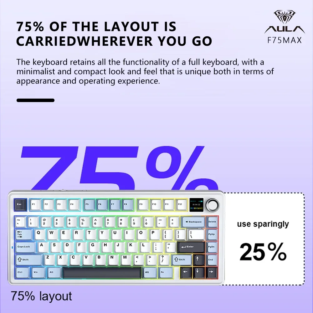 NEW Gaming Mechanical Keyboard  AULA F75 MAX E-sports Keyboard 75% Wired/Bluetooth/2.4G Hot-Swap RGB with TFT Screen for PC/Mac