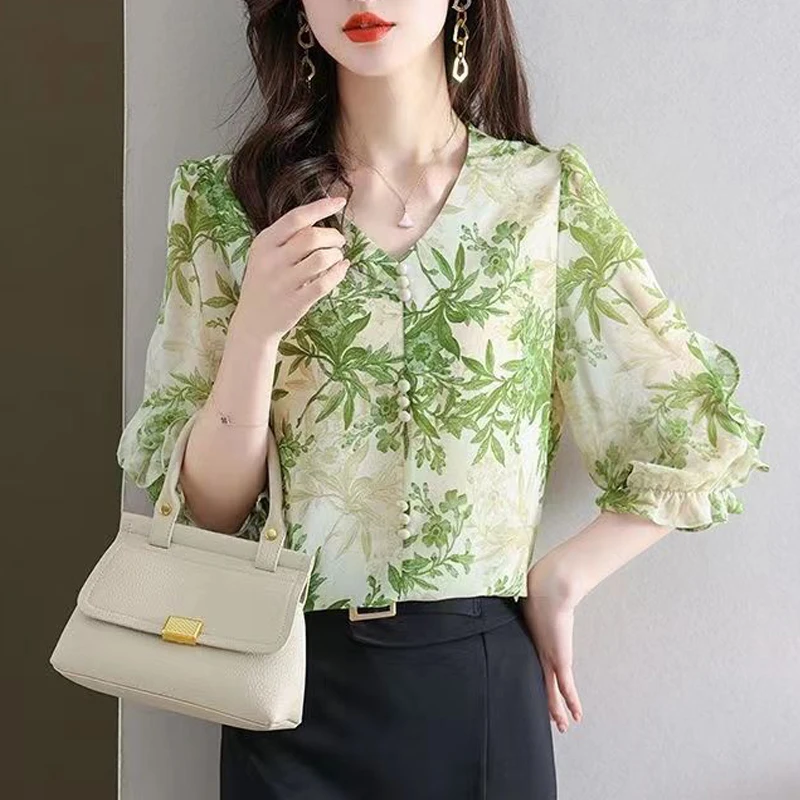 Women\'s Summer Trendy Ruffle Print Elegant Blouse Korean Style V Neck Three Quarter Sleeve Shirt Sweet Chic Chiffon Tops Blusas