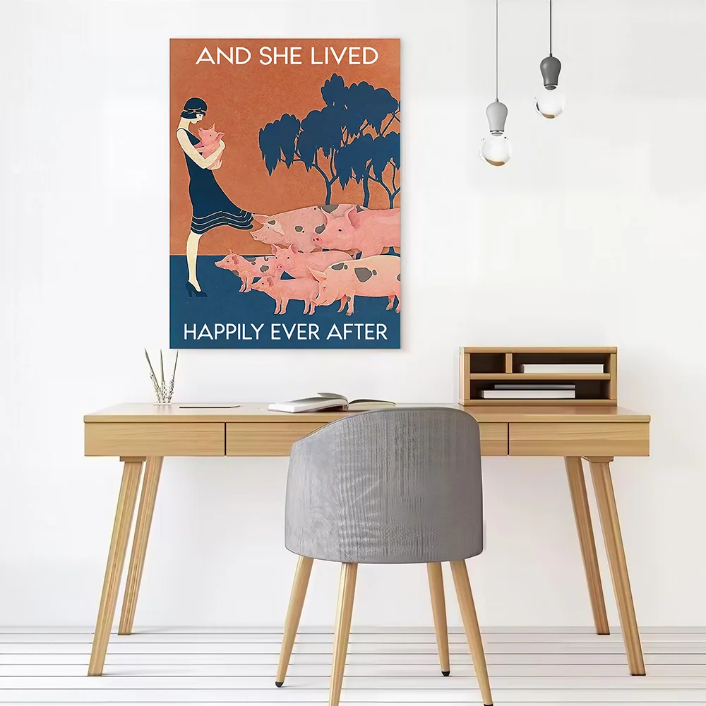 Pig And She Lived Happily Canvas Poster Wall Art Customizable High Quality Printed Picture for Vintage Decor Living Room Bedroom