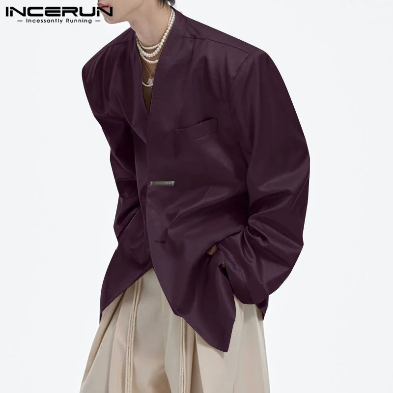 INCERUN Men Blazer Solid Color V Neck Long Sleeve Button Casual Male Suits Streetwear 2024 Loose Fashion Thin Coats Men S-5XL