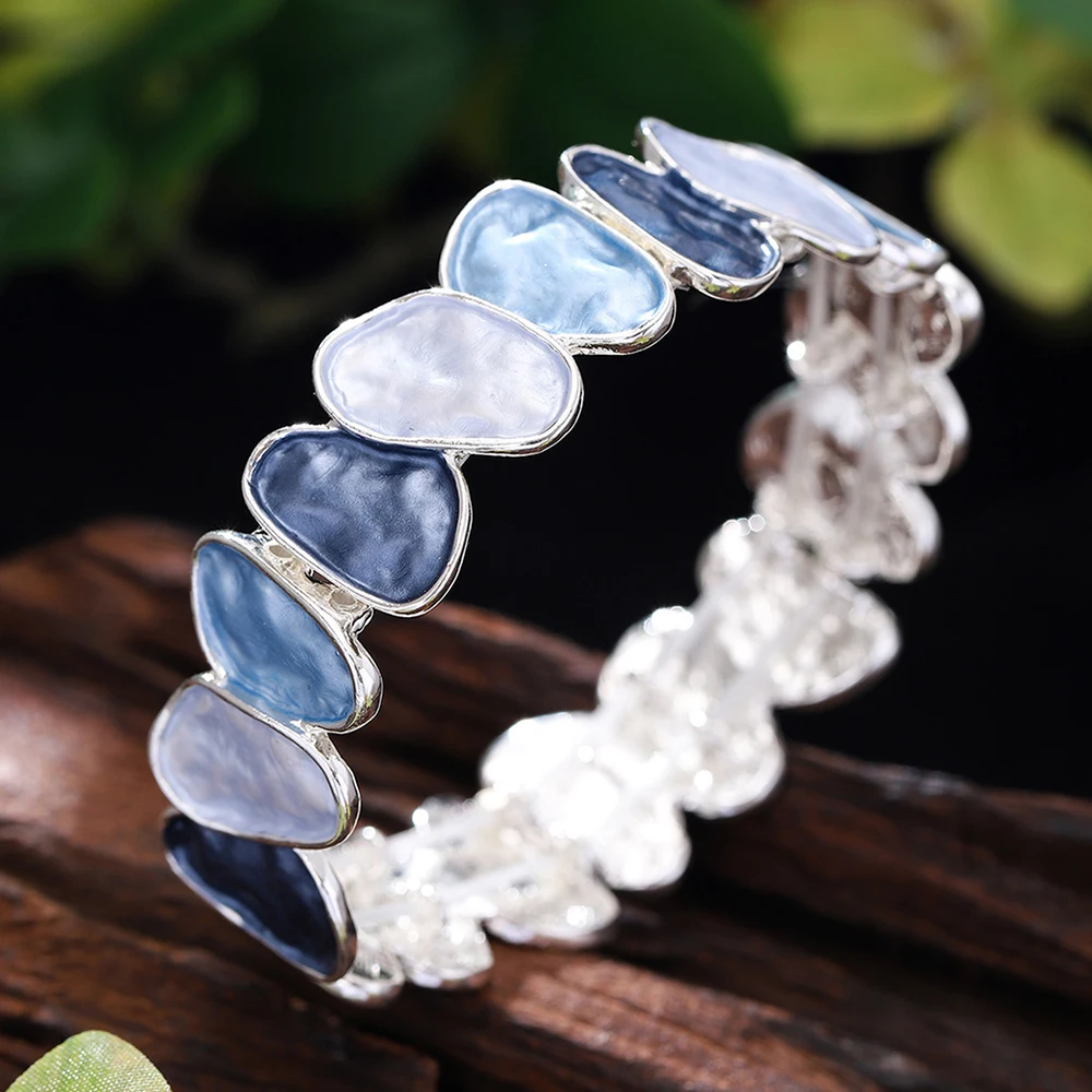 Fashion Drip Oil Geometric Elastic Bracelet for Women Accessories New Trendy Silver Color Bangle Daily Party Prom Jewelry Gifts