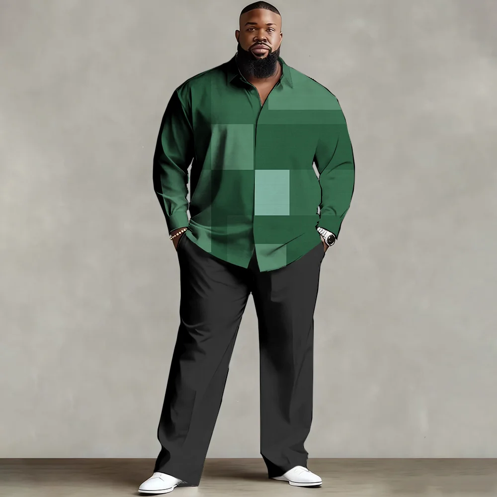 طقم قميص رجالي مقاس كبير S-9xl: طراز منقوش حديث - مزيج من القطن الناعم، مطبوعات مربعات أنيقة غير متماثلة، مقاومة للتجاعيد،