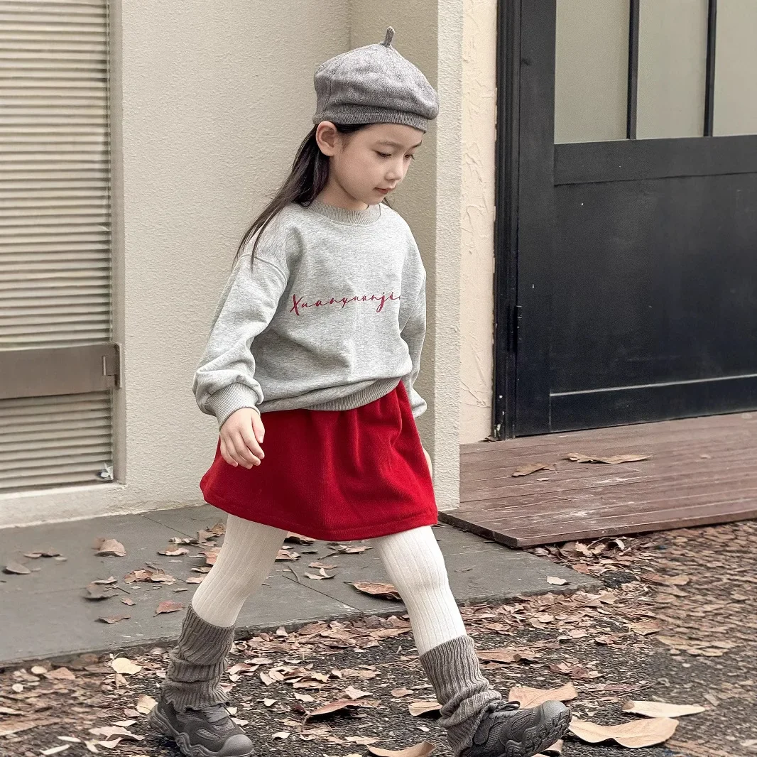 Girls Skirts 2024 Winter New Childrens Clothes Girls Baby Fashionable Red Knitted Fleece Skirt Casual Simple and Lovely