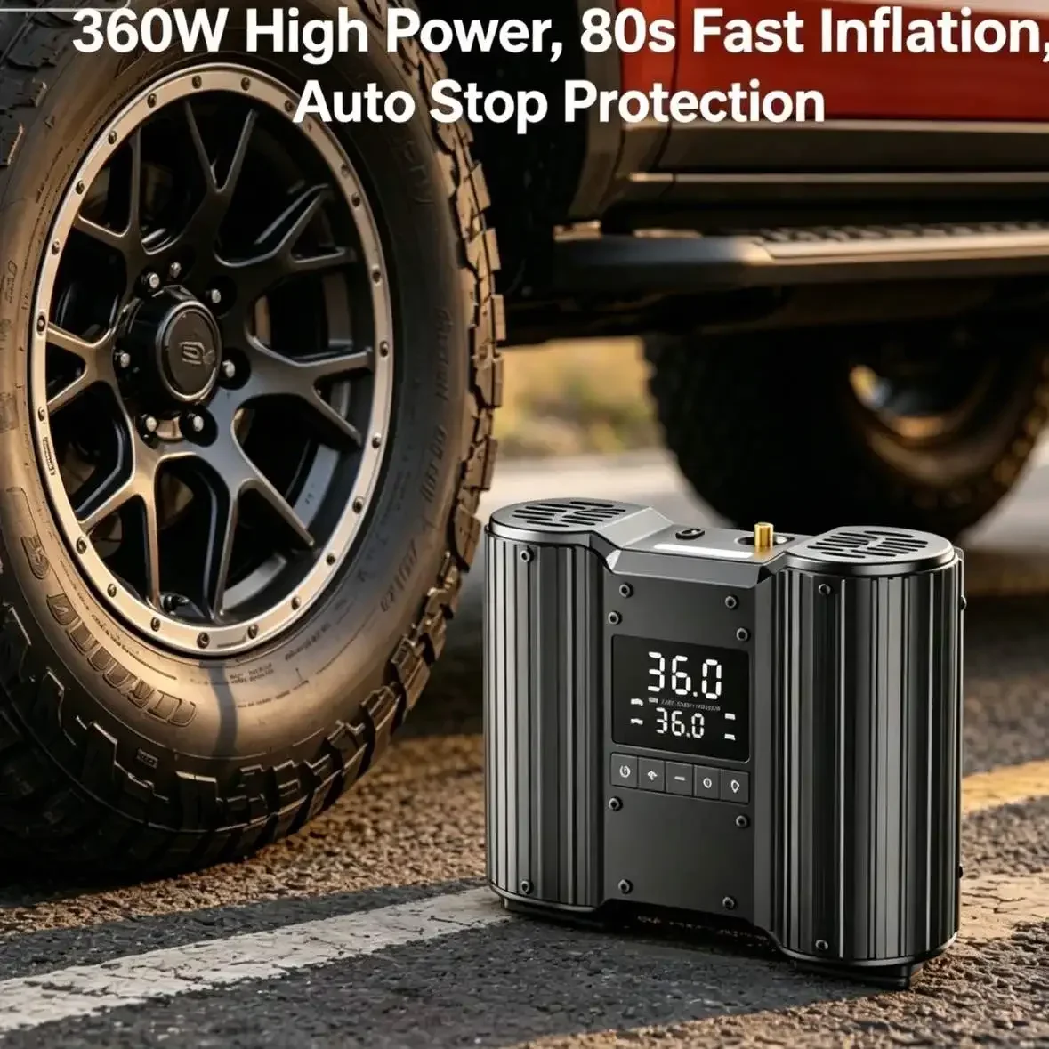HLHeavy-Duty Dual-Cylinder Tire Inflator - 12V Portable Air Pump with Preset Pressure, Auto Stop for SUV, Truck, RV off-road use