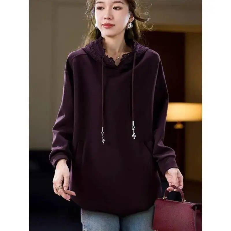 

plus Size Loose Fit Lace Patchwork Color Sweatirt Long Sve Faionable Agel Top for plus Size Women