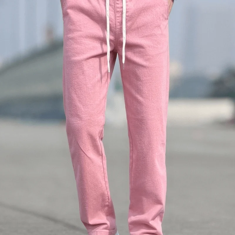 Men's simple solid-color jeans, elastic waist drawstring design for daily wear, hand-washable, dry-cleaned