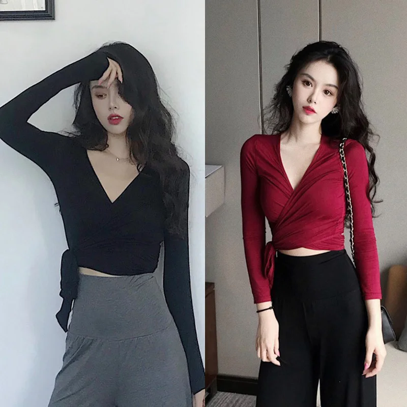 Women's Sexy Slim V-neck Wrapped Crop Tops Fashion Novel Solid Color Long-sleeved T-shirts