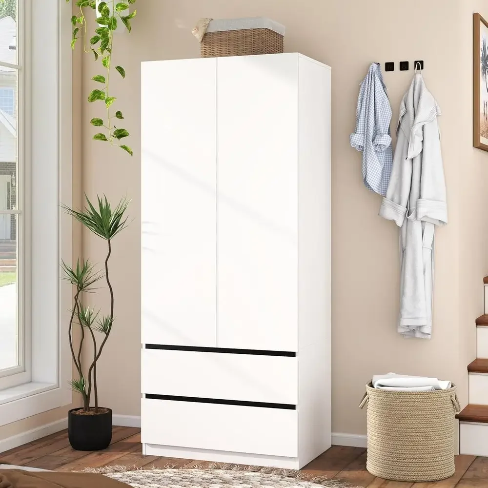 

Armoire Wardrobe Closet with Ders：75" Large White Wardrobe Closet Cabinet with 2 Door Hanging Clothes, ern Wooden Bedroom Armoir