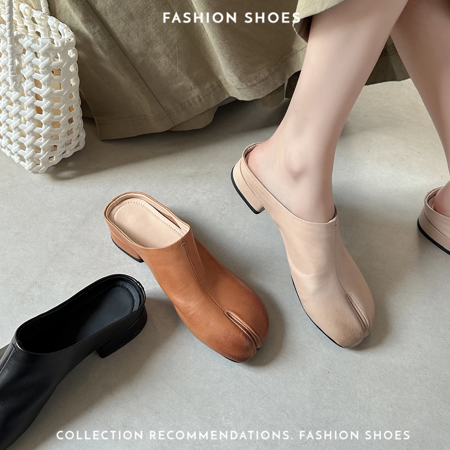2026 new summer women sandals natural leather 22-24.5cm washed cowhide+sheepskin split-toe mules low heel women slippers