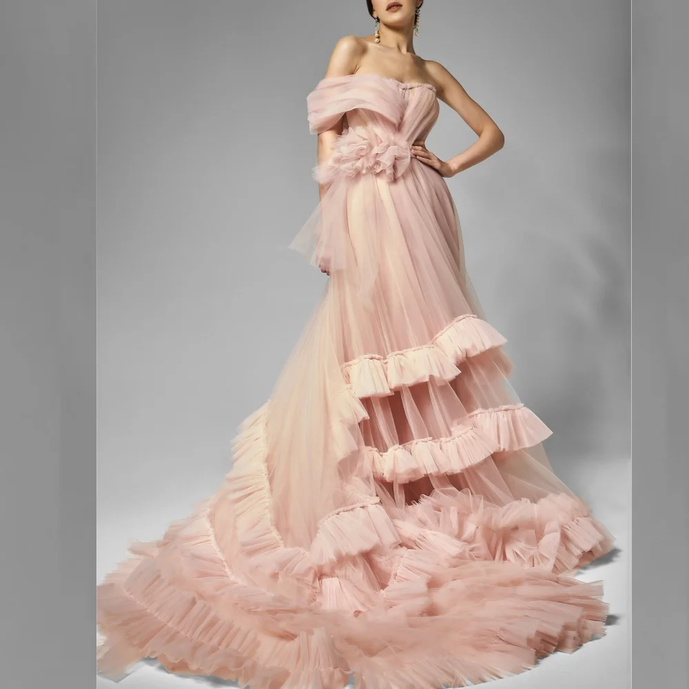 High Quality Tulle Pleat Ruched Draped Handmade Flower Tiered A-line One-shoulder Long Dresses Prom Dresses Sizes Available