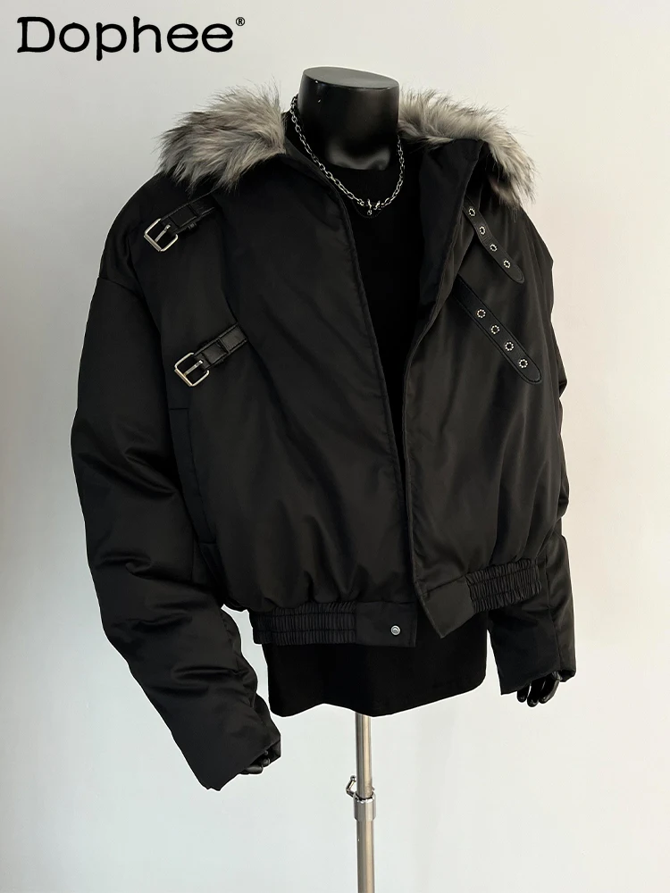 

American Retro Fur Collar Hooded Jacket Cotton Coat for Men Winter Thickened Warm Heavy Craftsmanship Fashion Casual Outerwear