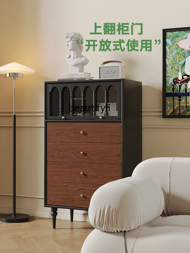 Solid Wood Bedroom Retro Storage Cabinet Living Room Side Cabinet Color Matching Design Bed Front Cabinet