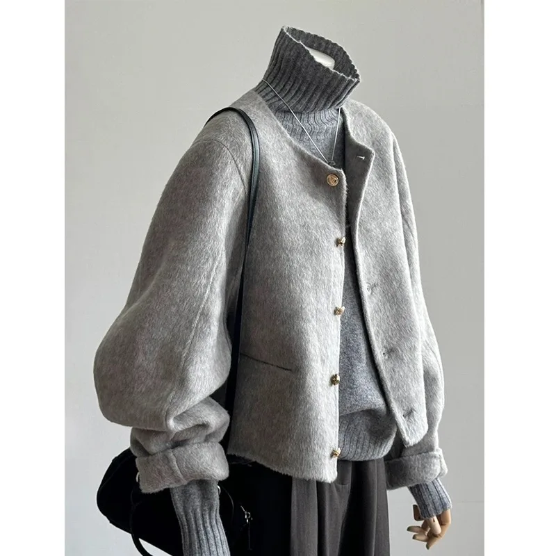 

Double Sided Cashmere Gray Short Woolen Coat for Women's Autumn and Winter 2025 New Woolen Coat with High-end Feel Small Statur