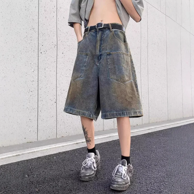 شورت رجالي صيفي جديد أمريكي ريترو عصري مغسول بتصميم عتيق شورت فضفاض بخمس نقاط