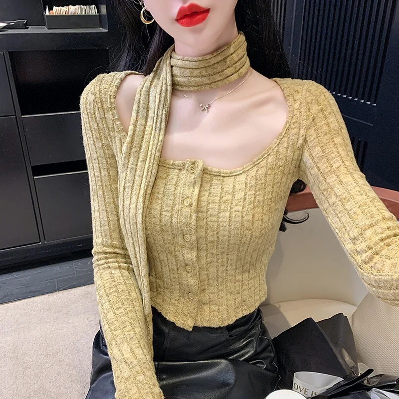 

Slim Fit ort Knitted Open Cardigan Women's Autumn Winter Faion Design Long Sve Square Collar Outerwear Top