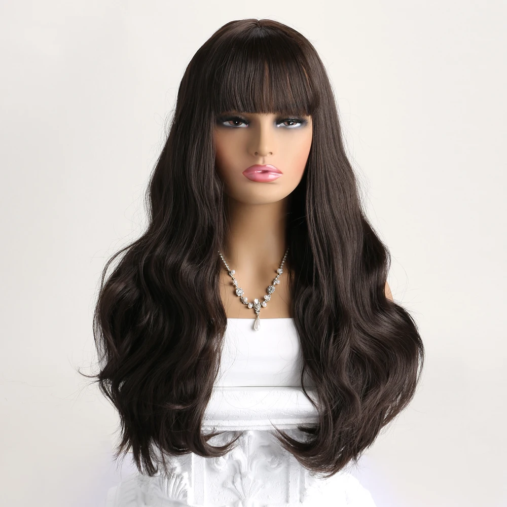 

26 Inch Black Brown Synthetic Long Wig For Women Natural Wave Wigs With Bangs Fake Hair For Daily Halloween Birthday Holiday