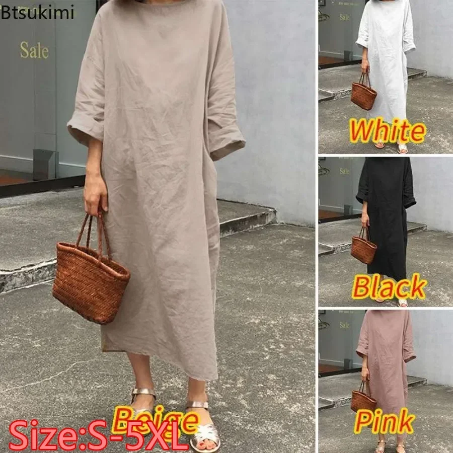 

2025 Literature Casual Dress for Women Fashion Solid O-neck Long-sleeved Cotton Linen Maxi Dress Women Loose Dress Plus Size 5XL