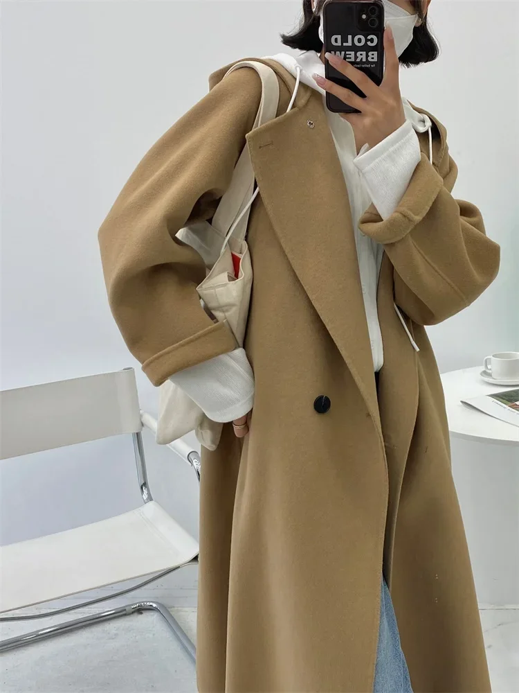 

New Hooded Double-sided Cashmere Wool Coat Women Long Loose Double Breasted Woolen Coat Fashion Female Overcoat Autumn Winter