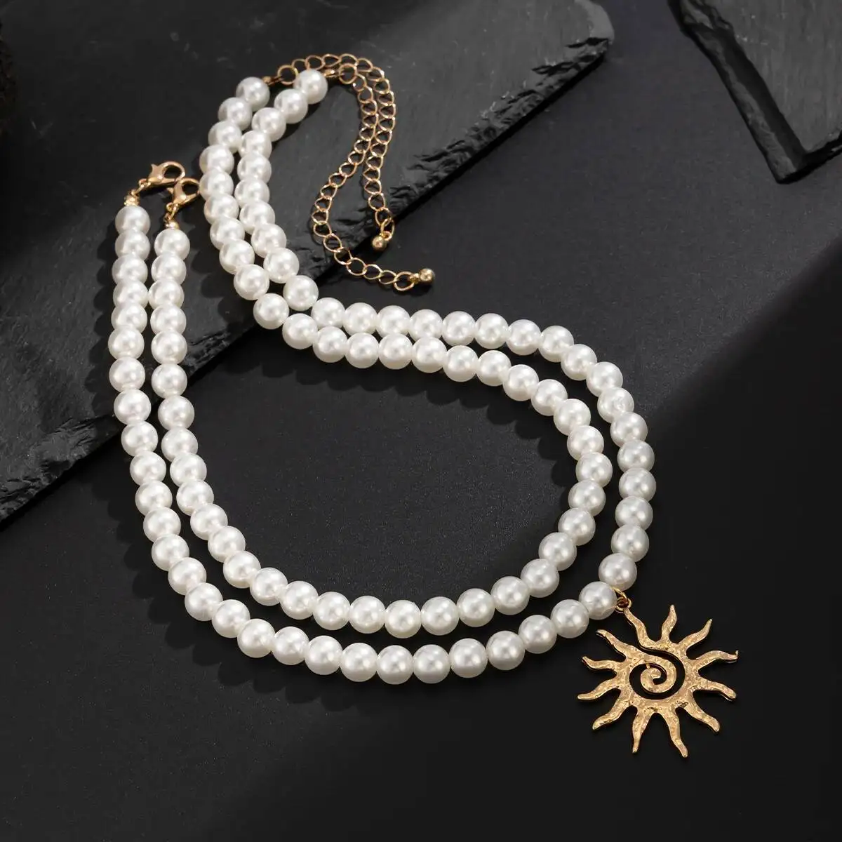 

PuiRui Trendy Unique Gold Color Hollow Sun Pendant Necklace For Men Vintage Creative CCB Imitation Pearls Necklace Women Jewelry