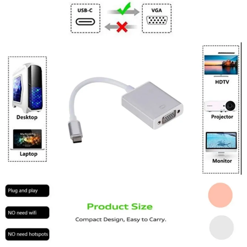 USBC To VGA Adapter USB 3.1 Type C Male To Female VGA Converter Cable 1080P FHD for Macbook 12 Inch Chromebook Pixel Lumia 950XL