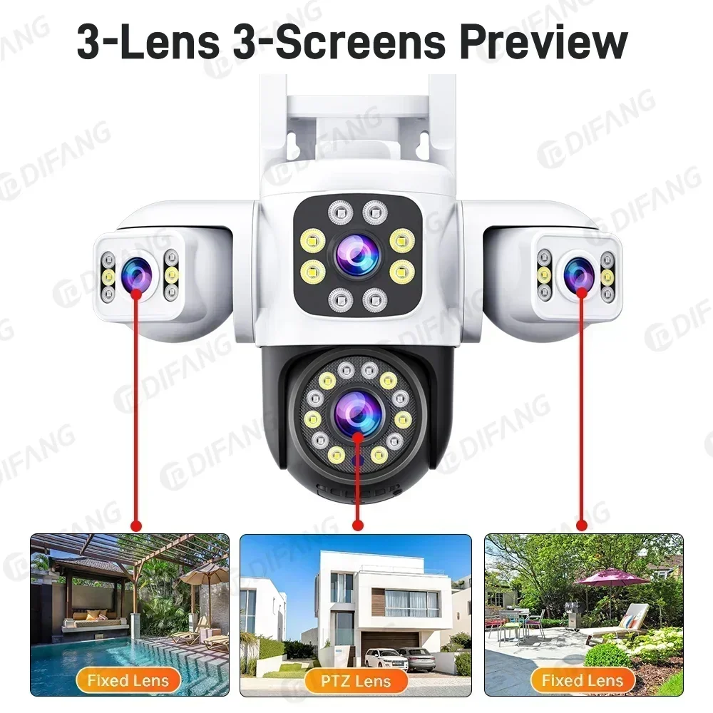 6K HD WiFi Camera Outdoor Security Protection Three Lens Three Screen Ai Tracking 12MP Video CCTV Cam Yoosee Security IP Camera