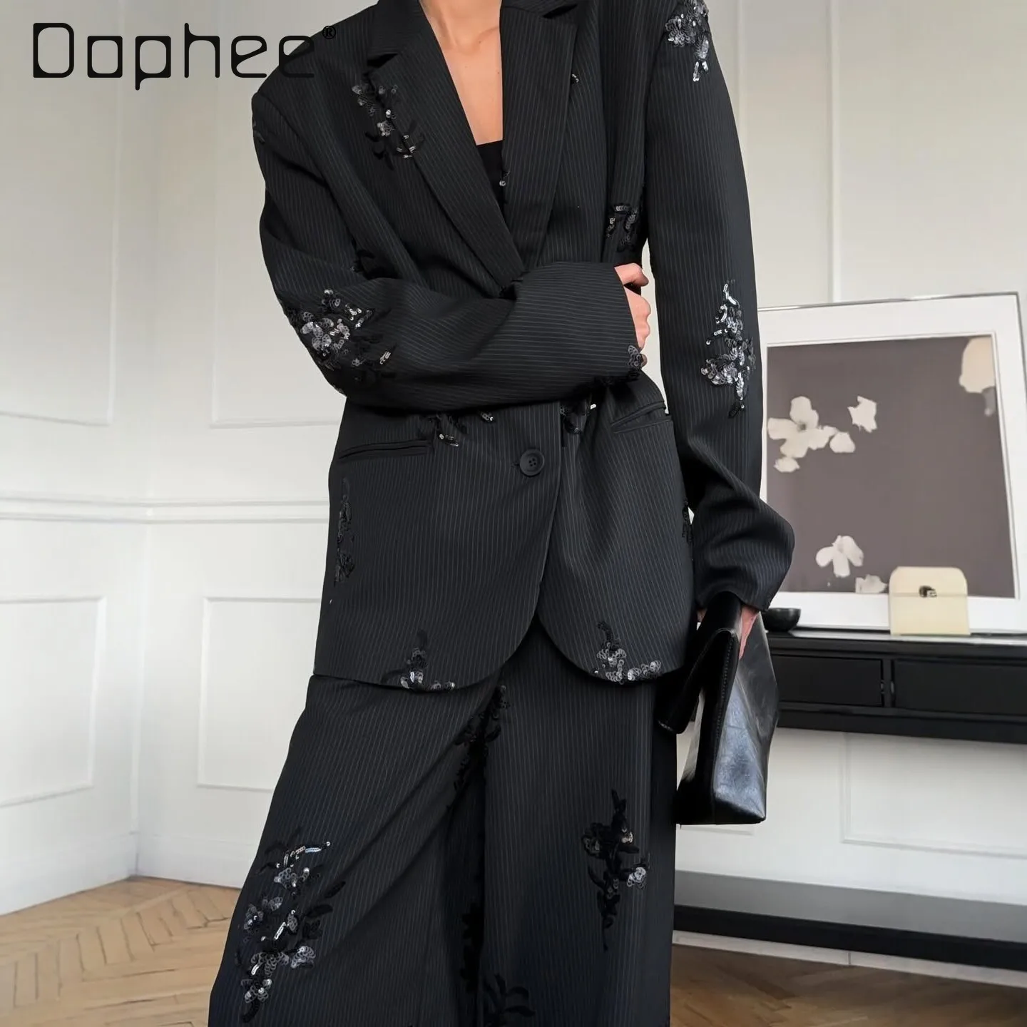 

European American Trend Commuter Style Suit Outfits Women's Black Sequined Embroidered Blazer High-end Loose Wide-leg Pants