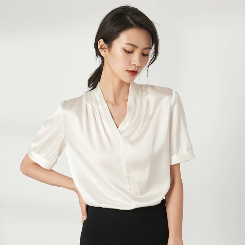 Birdtree,93% Real Silk 7% Spandex Solid Tshirt,V-neck Tops,Women Stretch Satin Short Sleeve Loose Shirt,2026 Spring New T61609JF