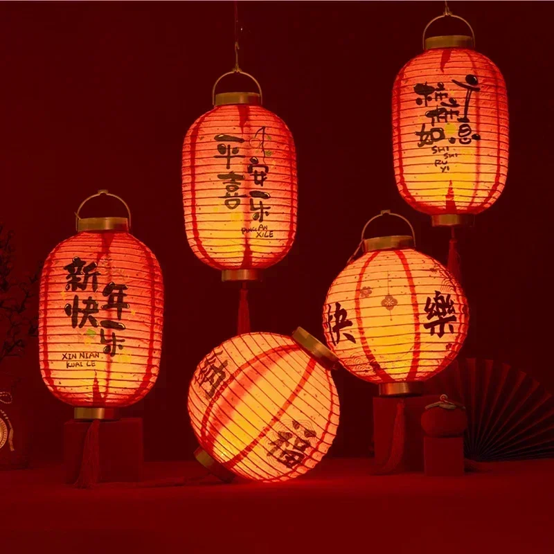 LED Glowing Chinese Lamp Classical Red Paper Lantern DIY Assemble Paper Lanterns Spring Festival Children Gifts New Year Decor