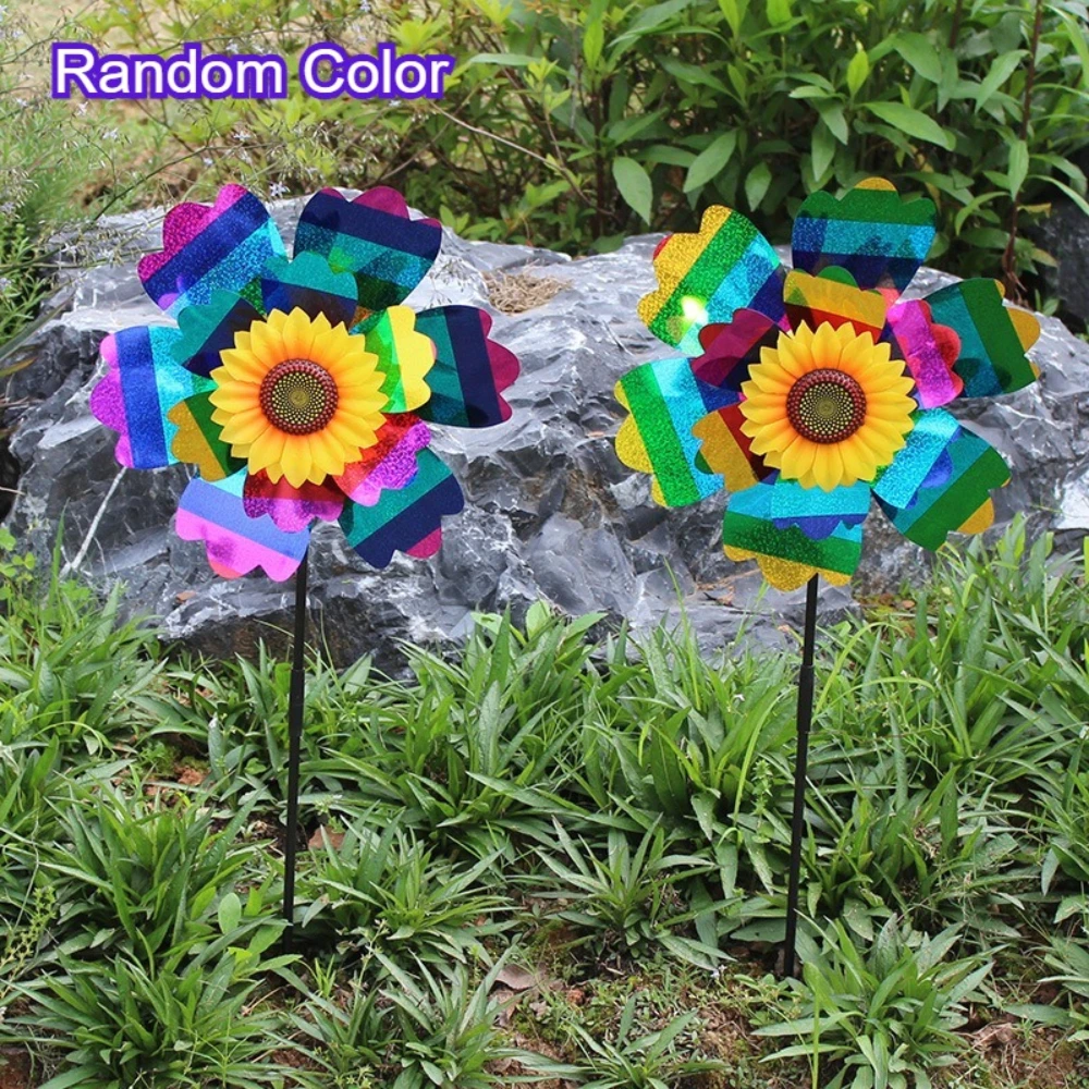 2 Pack Colorful Windmill, outdoor rotating double-layer striped laser and sunflower windmills,Graduation Season Decoration.