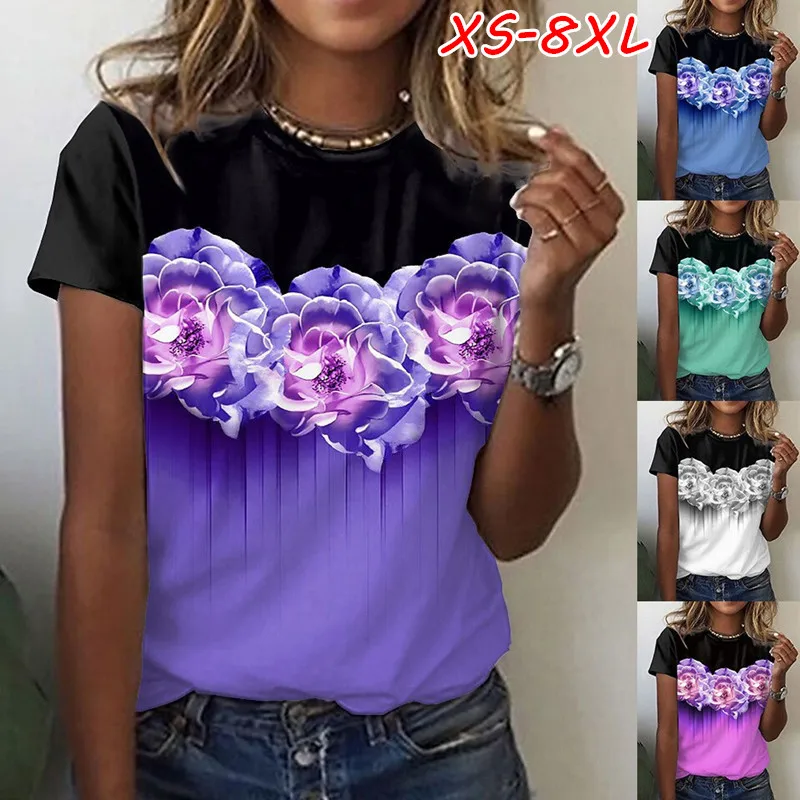 

2022 Summer Women's Floral Theme 3D Printed Painting Tee Shirts Round Neck Casual Female Daily Pullover New Design Elegant Tops