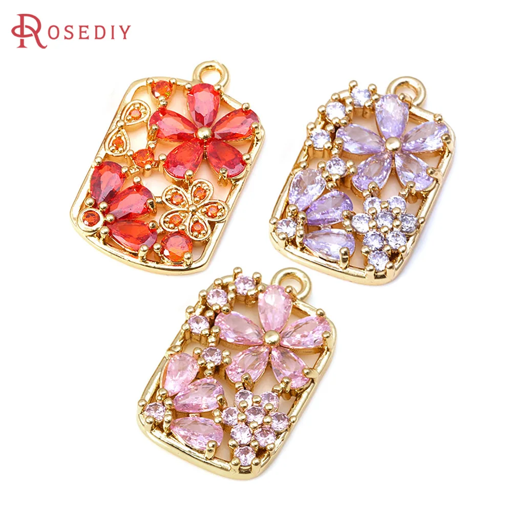 4PCS 18K Gold Color Brass Zircon Rectangle Flower Charms Pendants High Quality Necklace Earrings Jewelry Making Diy Accessories