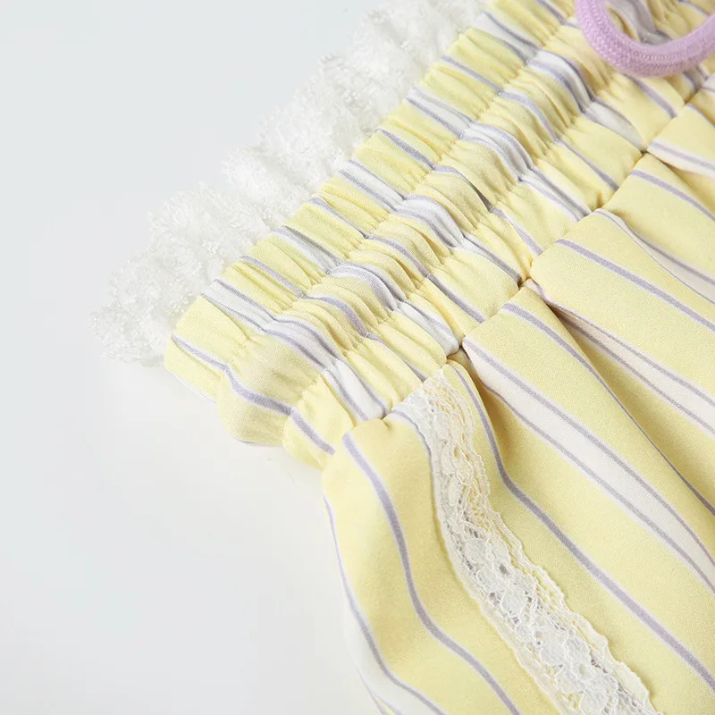 Zeyla Cottagecore Shorts feminino 2024 verão listra francesa tecido gravata detalhe solto ajuste homewear roupa casual