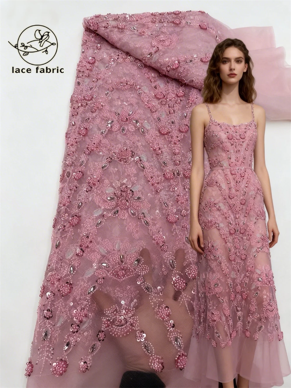 

Newest African Groom Beaded Lace Fabric 2026 High Quality Pink French Sequin Lace Fabric for Women's Wedding Evening Dress Gowns