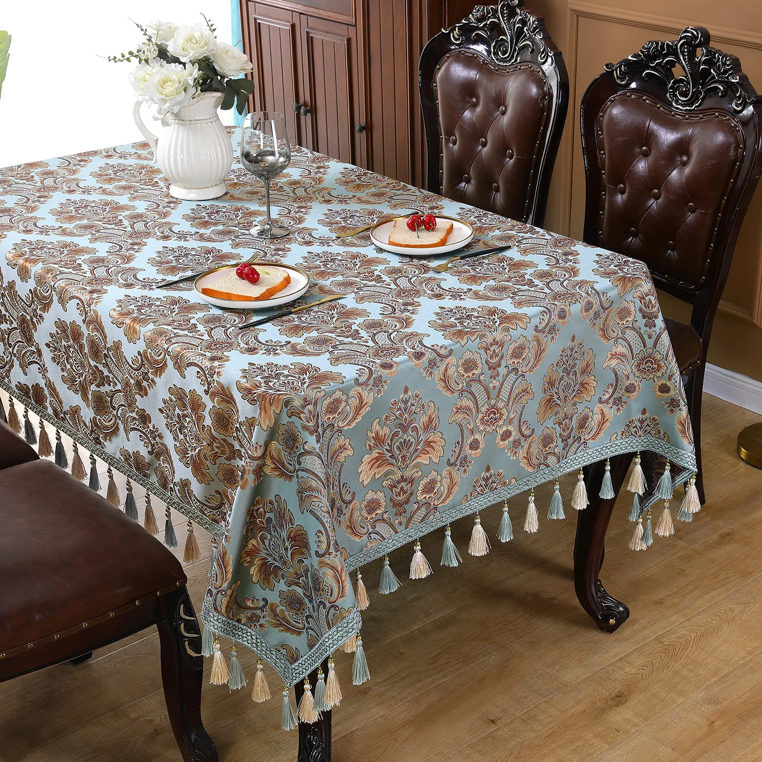 European Court Tablecloth Embroidery Jacquard Retro High-end Fringed Household Coffee Table Cover Chinese Style Satin Tablecloth