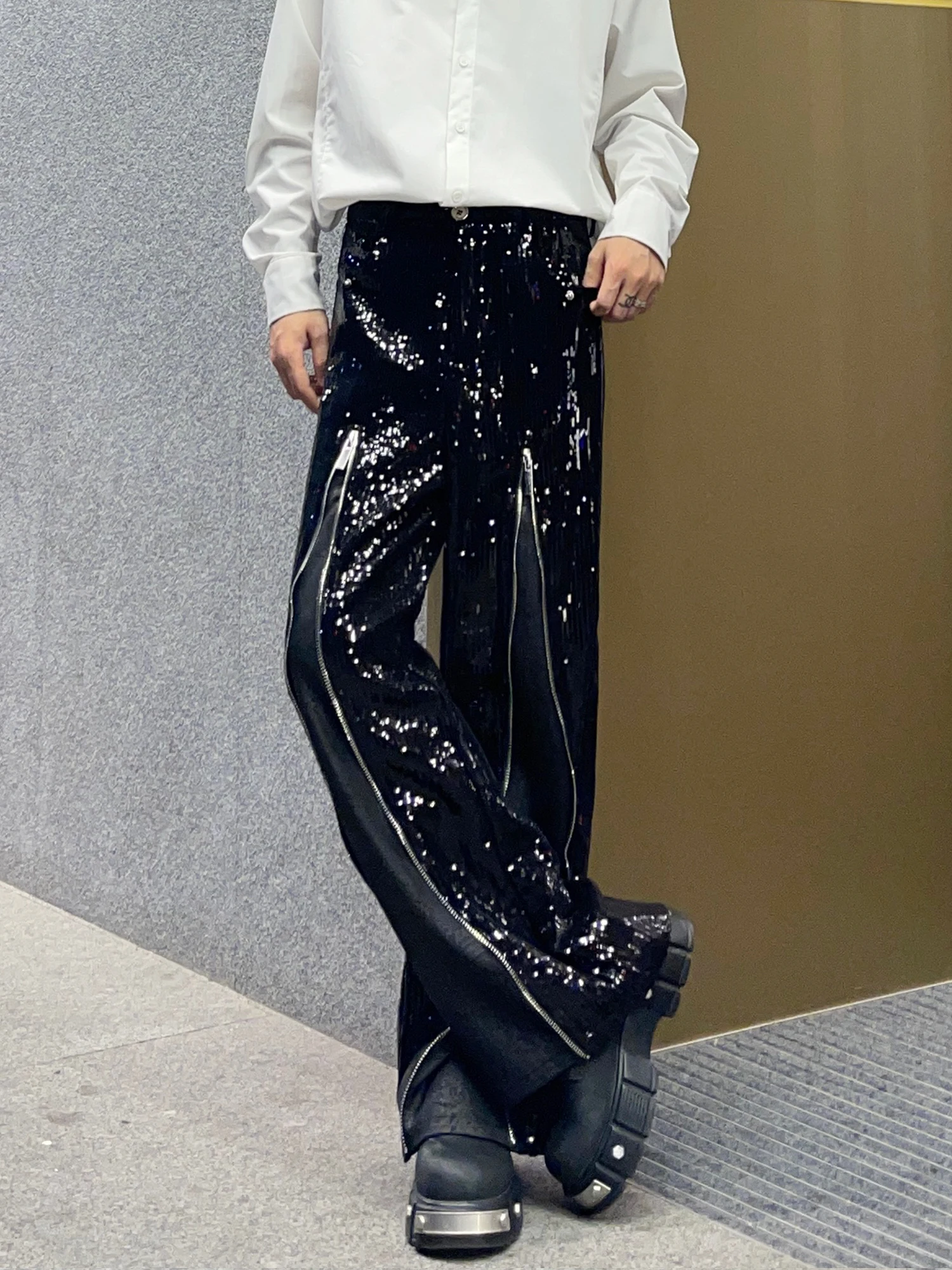 Heavy Industry Sequined Splicing Zipper Design Sense Black Trousers Men's Korean Fashion Trend Loose Versatile Casual Trousers