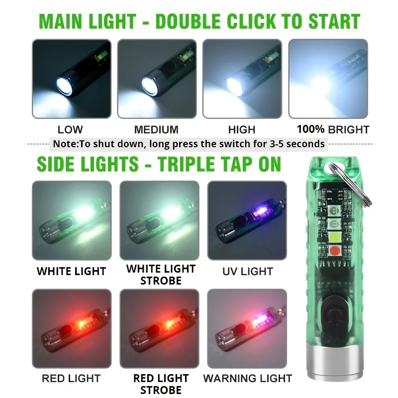 Mini keychain light, portable LED flashlight, USB charging for fishing and camping, waterproof, red and blue warning lights