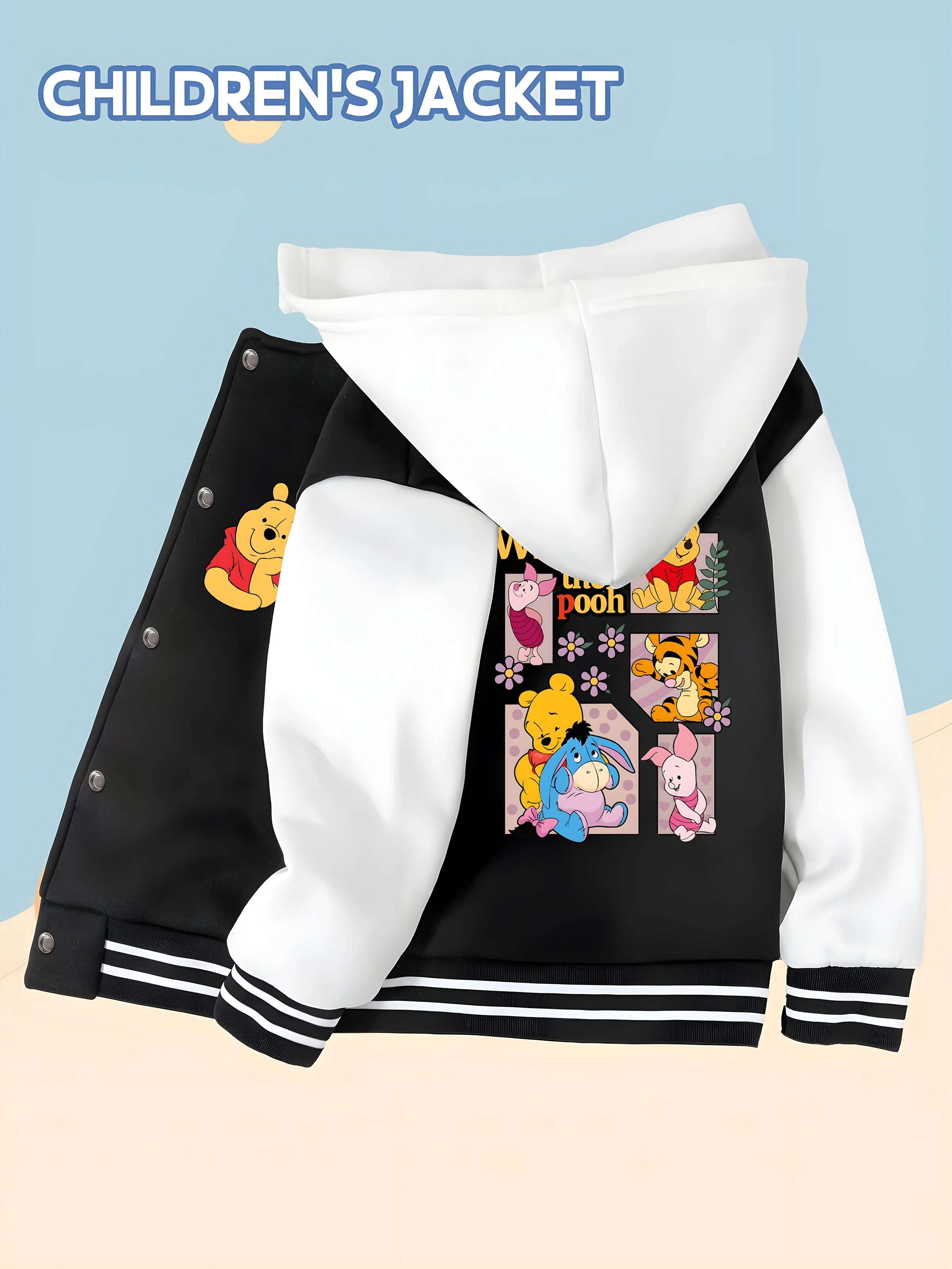 

MINISO Disney Winnie the Pooh Baseball Jacket for Boys - Reversible Winnie the Pooh and Tigger Prints, Skin-Friendly Fabric
