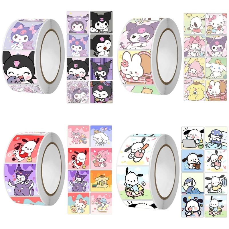 New 500PCS/Roll Sanrio Stickers Kawaii Kuromi Kitty Mymelody Cartoon Sealing Label Hand Account Laptop Cute Anime Sticker Gifts