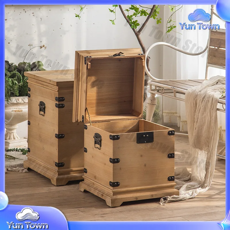 Retro Distressed Wooden Coffee Table for Living Room Sofa Side Table Square Storage Ottoman Bedside Chest for Home Decor