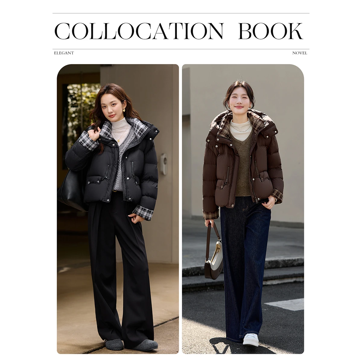 VIMLY レディース ブラック ダウンコート オフィスレディ チェック柄 スプライス カフス フード付きコート 冬 2025 ジップアップ 長袖 女性用ジャケット 50859