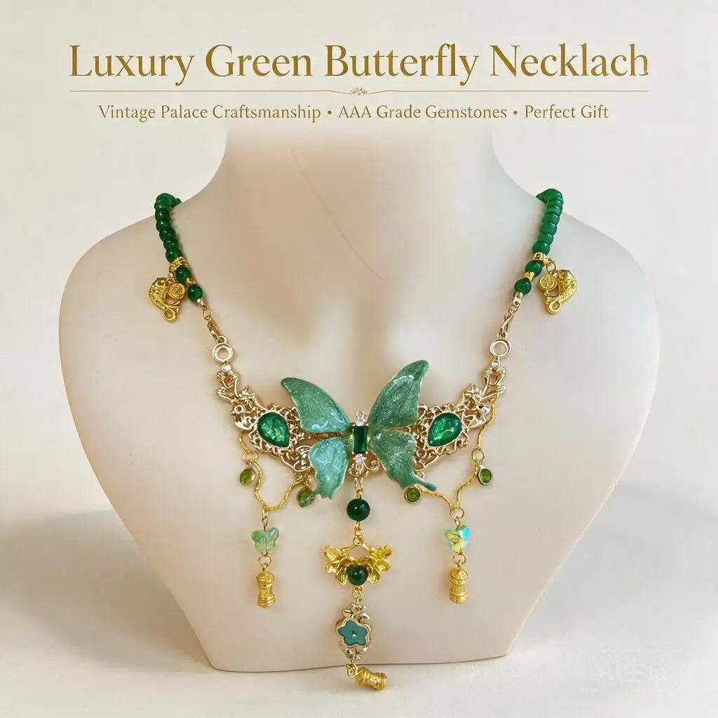 Vintage Chinese Court Style Green Butterfly Faux Jade Tassel Necklace For Women Hanfu Qipao Cosplay Party Daily Wear Accessory